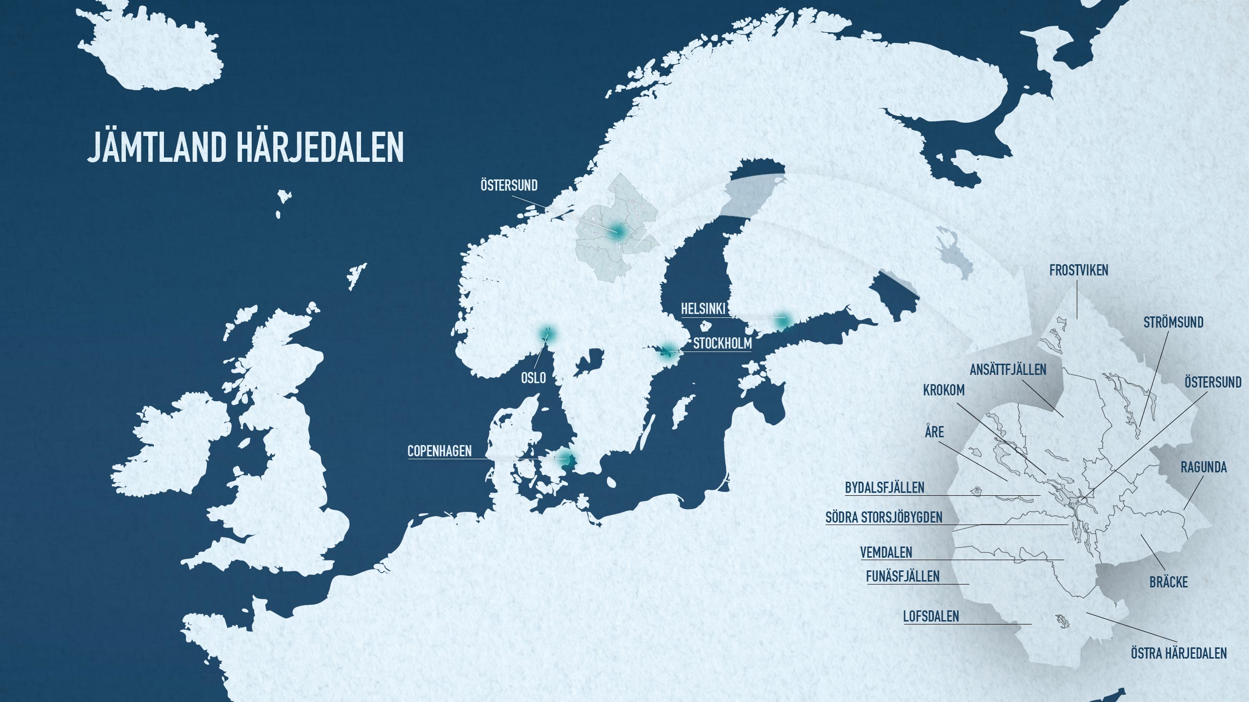 Map of the destinations in Jämtland Härjedalen and location in Europe