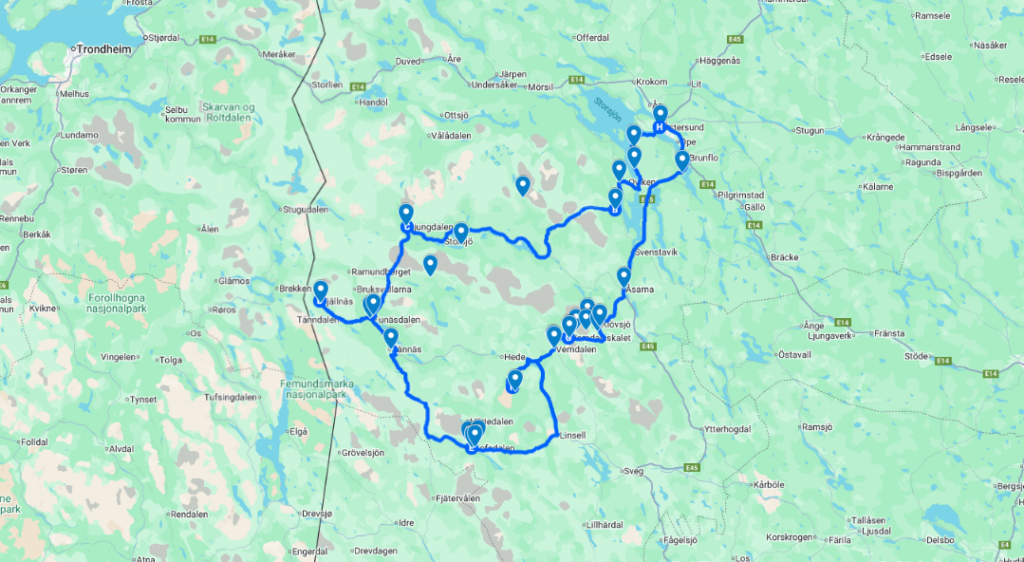 karta Södra rundturen Google maps Östersund-Ljungdalen-Funäsdalen-Lofsdalen-Vemdalen-Östersund